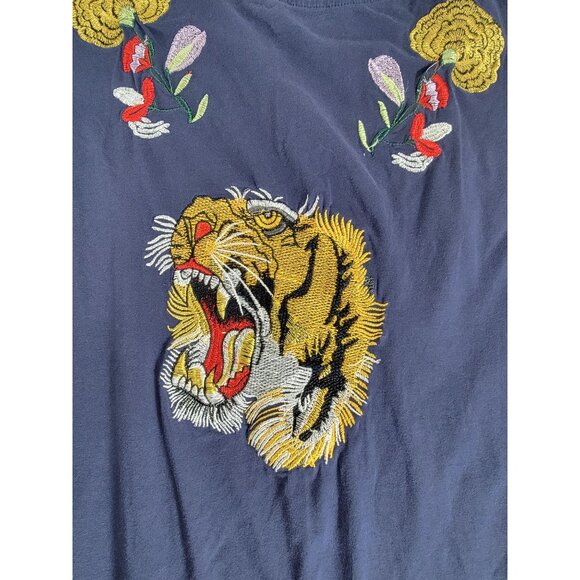 Faded Love Womens Floral Tiger Embroidered Navy Short Sleeve Mini Dress Medium - Picture 9 of 9